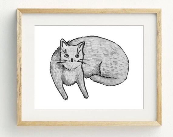 Cute Grey Cat Watercolor Sketch Minimalist Pet Lover Wall Art Print