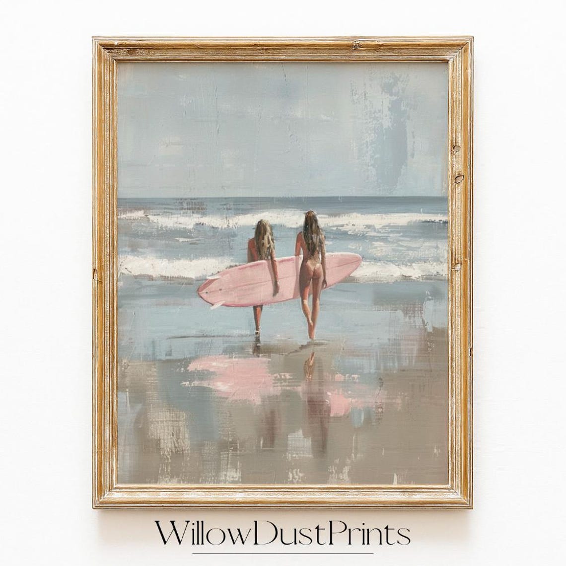 Two Girls Walking with Pink Surfboard Pastel Beach Ocean Poster