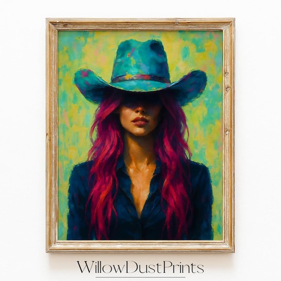 Colorful Cowgirl Pink Hair Teal Cowboy Hat Western Pop Art Poster