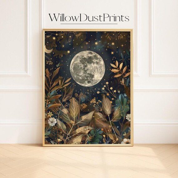 Full Moon Night Sky Golden Botanical Leaves Stars Celestial Poster
