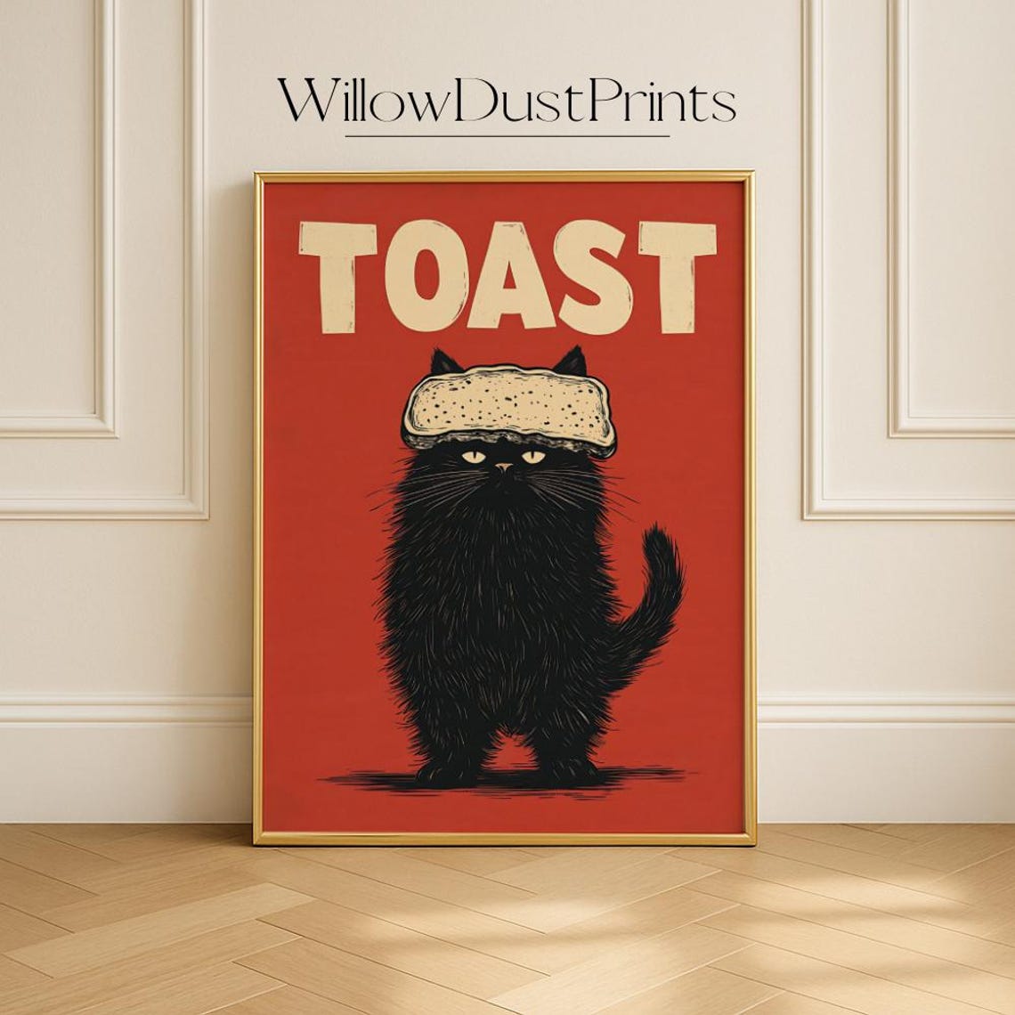 Black Cat With Toast Hat Funny Retro Wall Art Gift Whimsical Kitchen Or Dorm Decor Humorous Quirky For Bold Interiors
