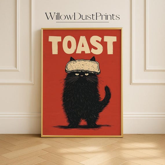 Black Cat With Toast Hat Funny Retro Wall Art Gift Whimsical Kitchen Or Dorm Decor Humorous Quirky For Bold Interiors