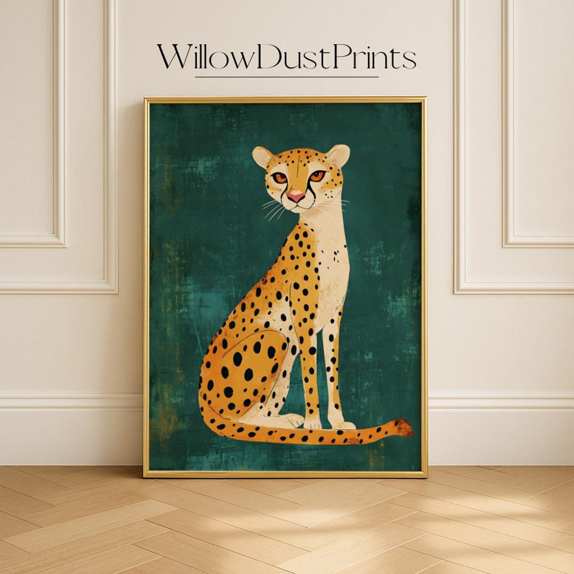 Standing Cheetah Side Profile Spotted Wild Cat Emerald Green Poster