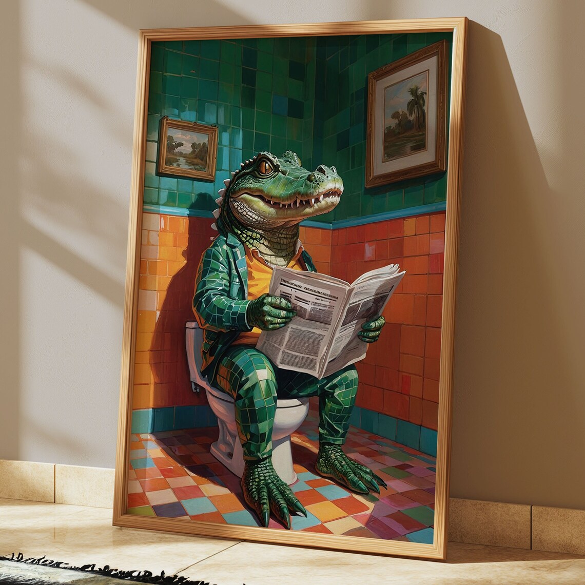 Funny Alligator On Toilet, Bathroom Wall Art Print