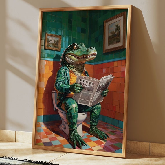 Funny Alligator On Toilet, Bathroom Wall Art Print