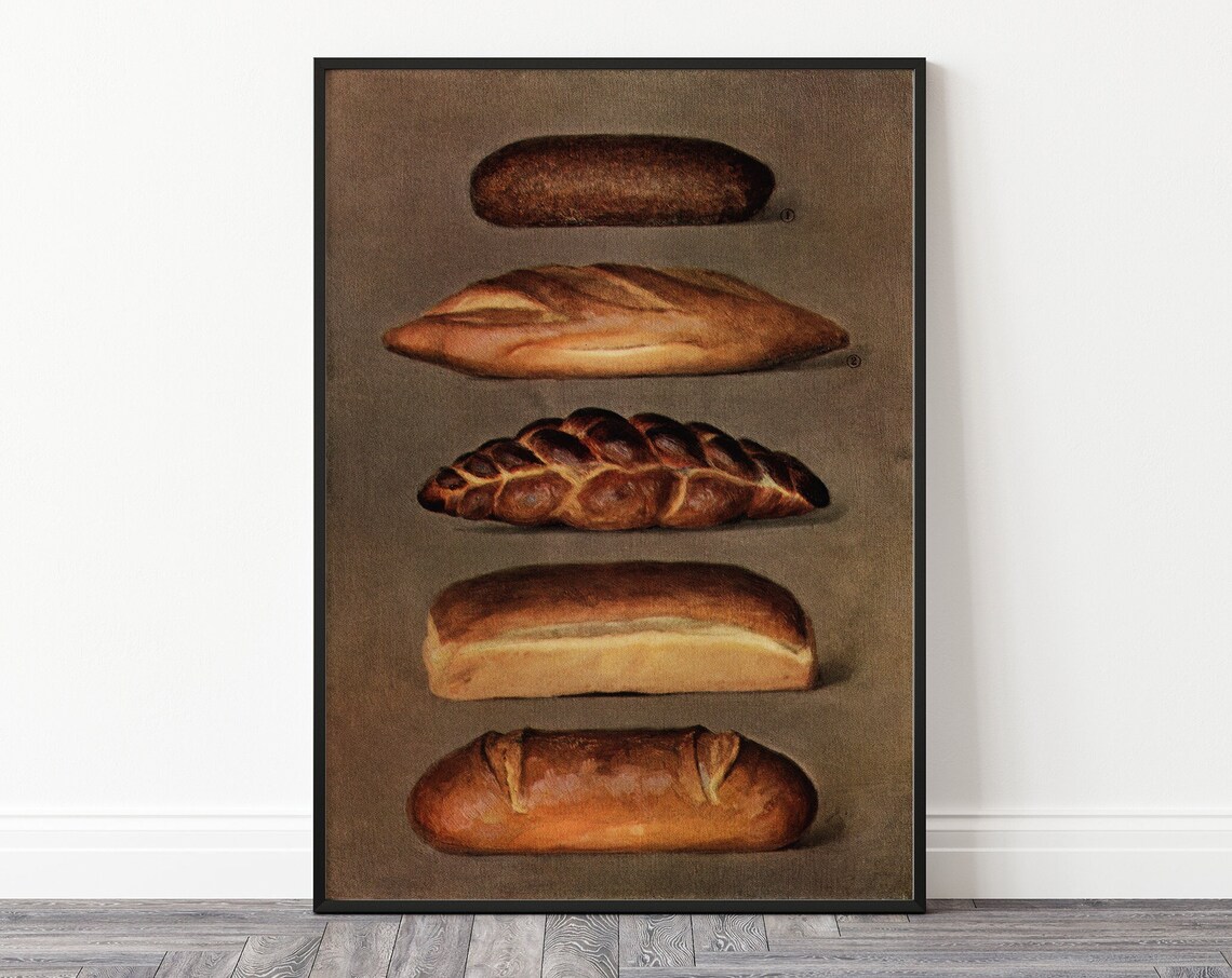 Five Vintage Bread Loaves Oil Painting Bakery Kitchen Wall Art - Image 3