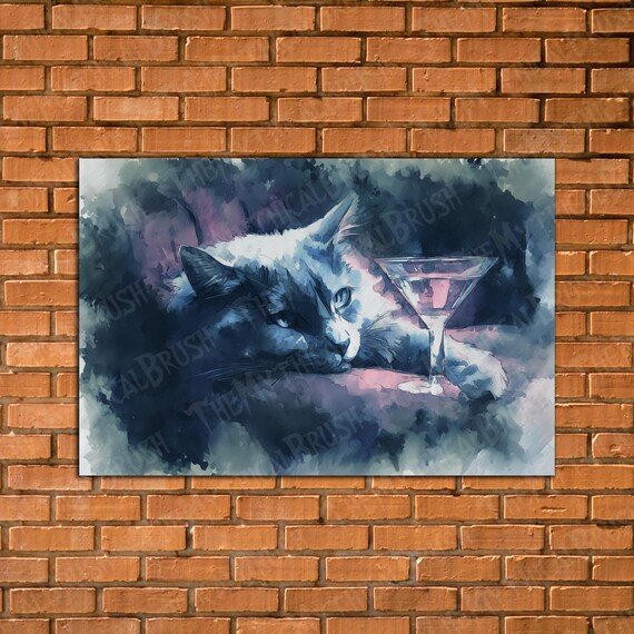 Abstract Cat And Poster Semi Watercolor Painting Playful Modern Wall Decor With Glass Art