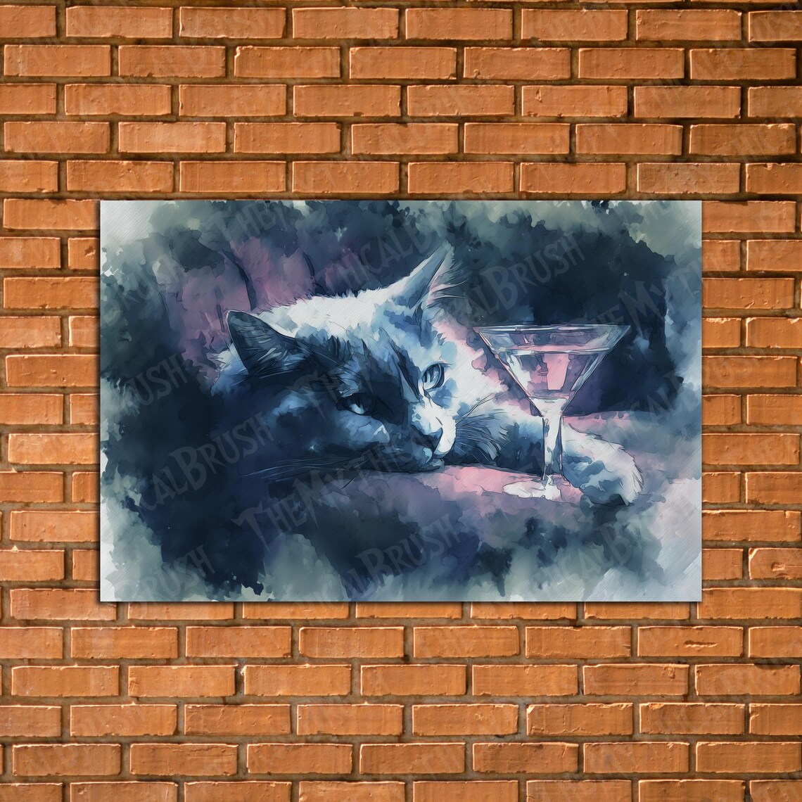 Abstract Cat And Poster Semi Watercolor Painting Playful Modern Wall Decor With Glass Art