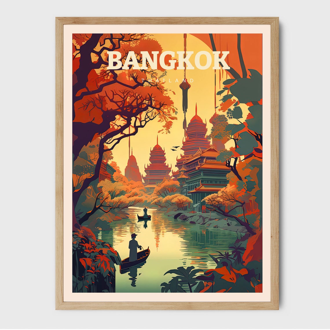 Bangkok Thailand Golden Sunset Temple River Boats Lantern View Poster