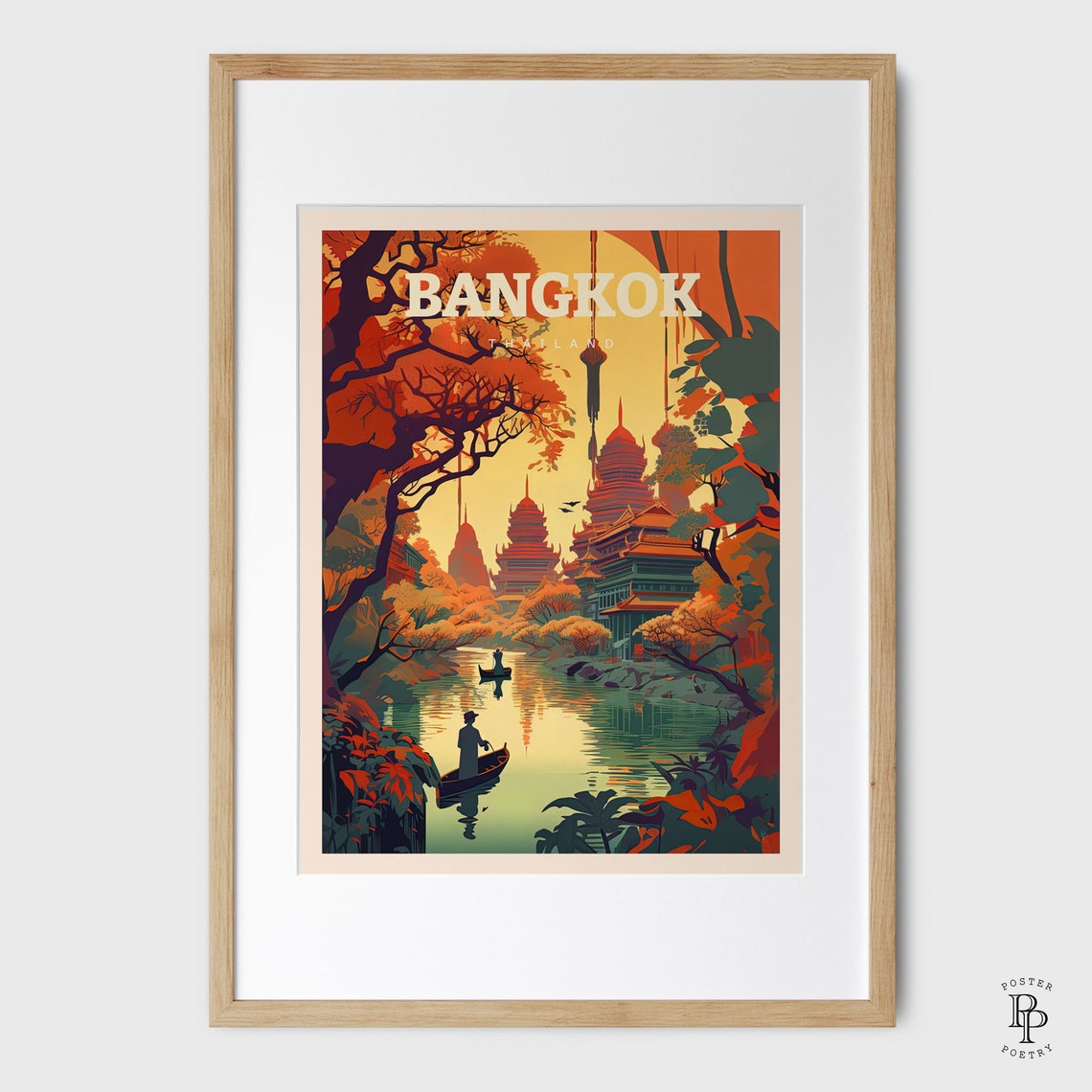 Bangkok Thailand Golden Sunset Temple River Boats Lantern View Poster - Image 4
