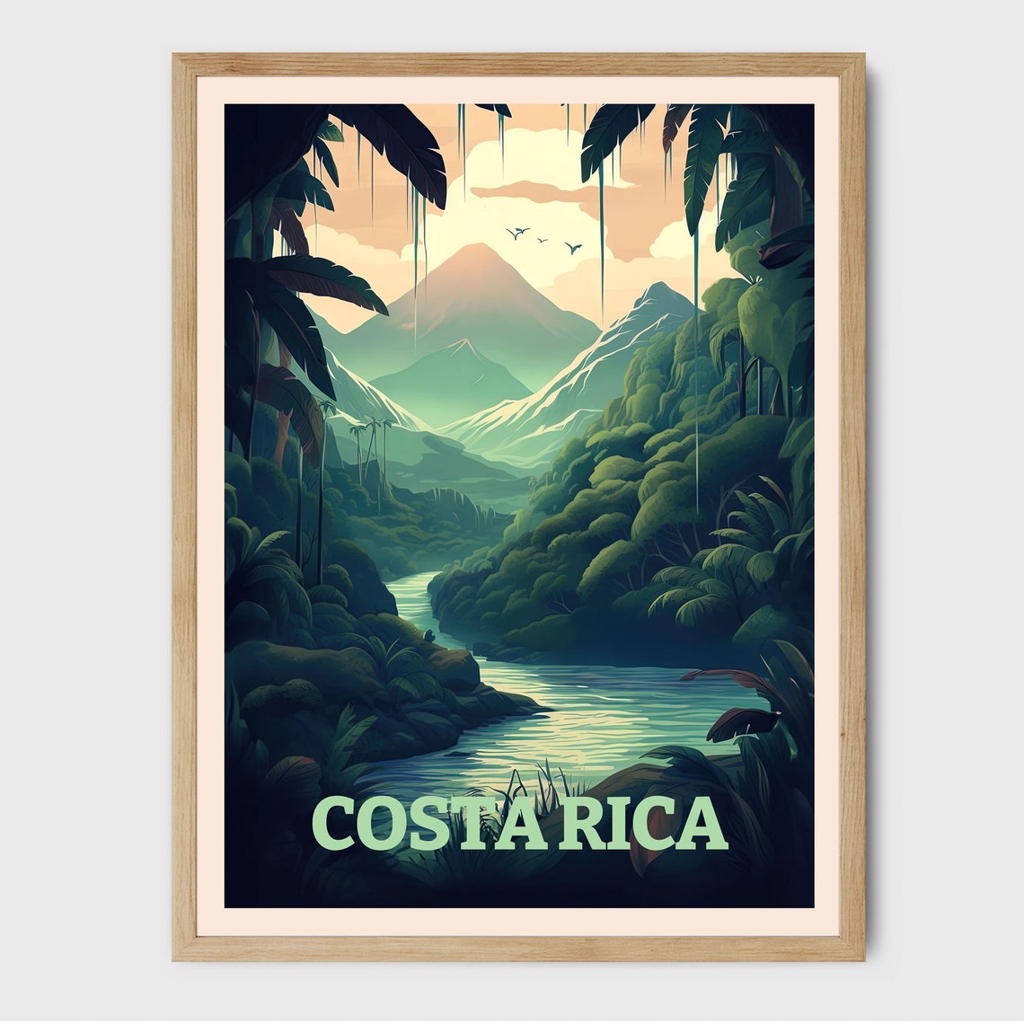 Costa Rica Tropical Rainforest River Valley Sunset Travel Poster