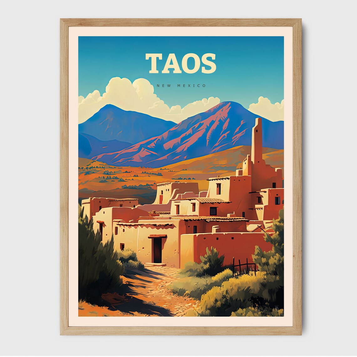 Taos New Mexico Travel Poster, Desert City Illustration