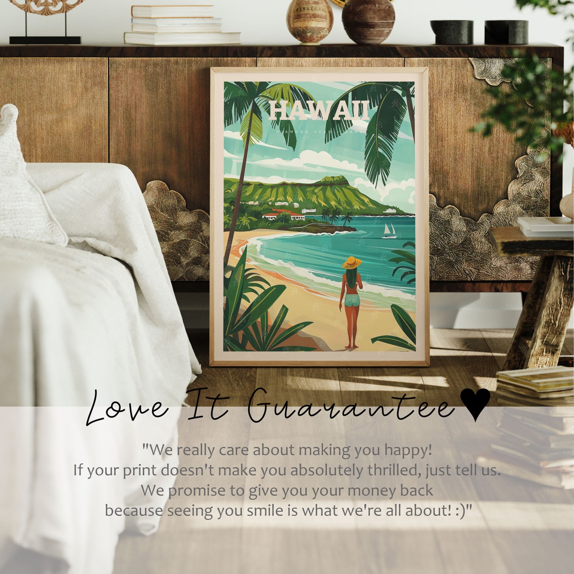 Oahu Hawaii Diamond Head Beach Palm Trees Ocean Sunset View Poster - Image 2