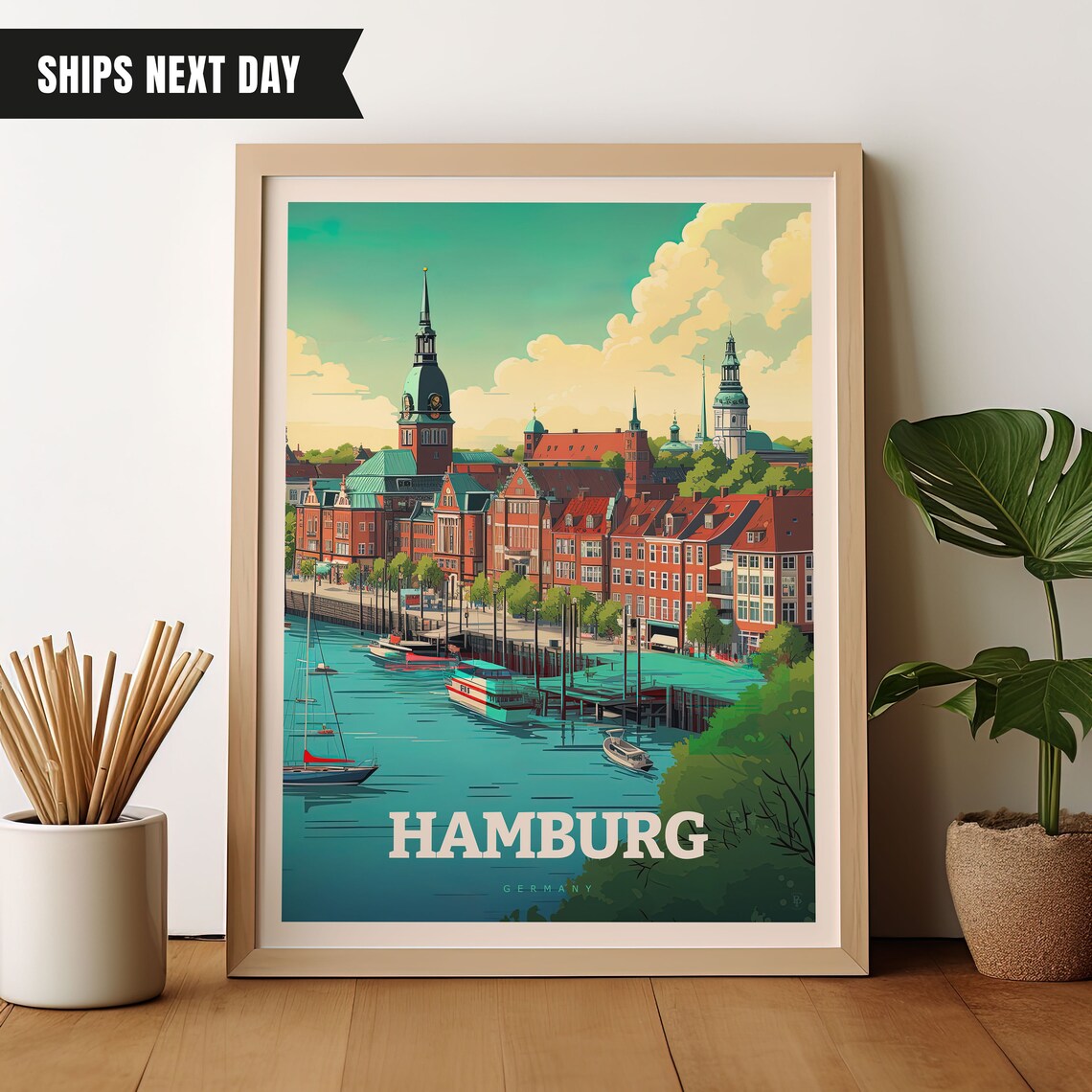 Hamburg Germany Harbor Brick Waterfront Church Tower Travel Poster