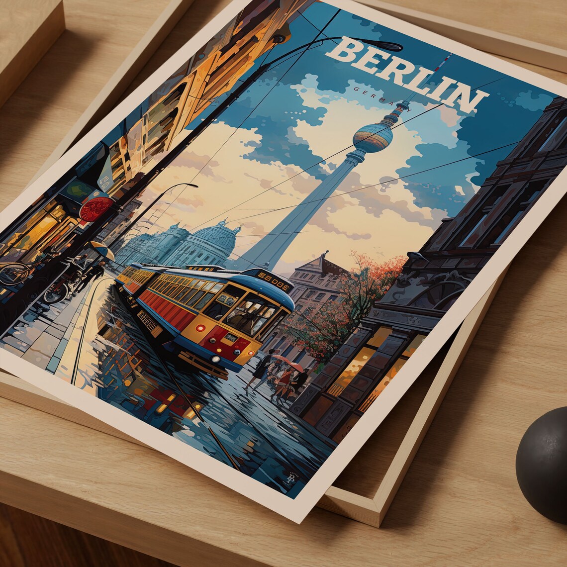 Berlin Germany TV Tower Tram Rainy Street Night Scene Travel Poster - Image 4