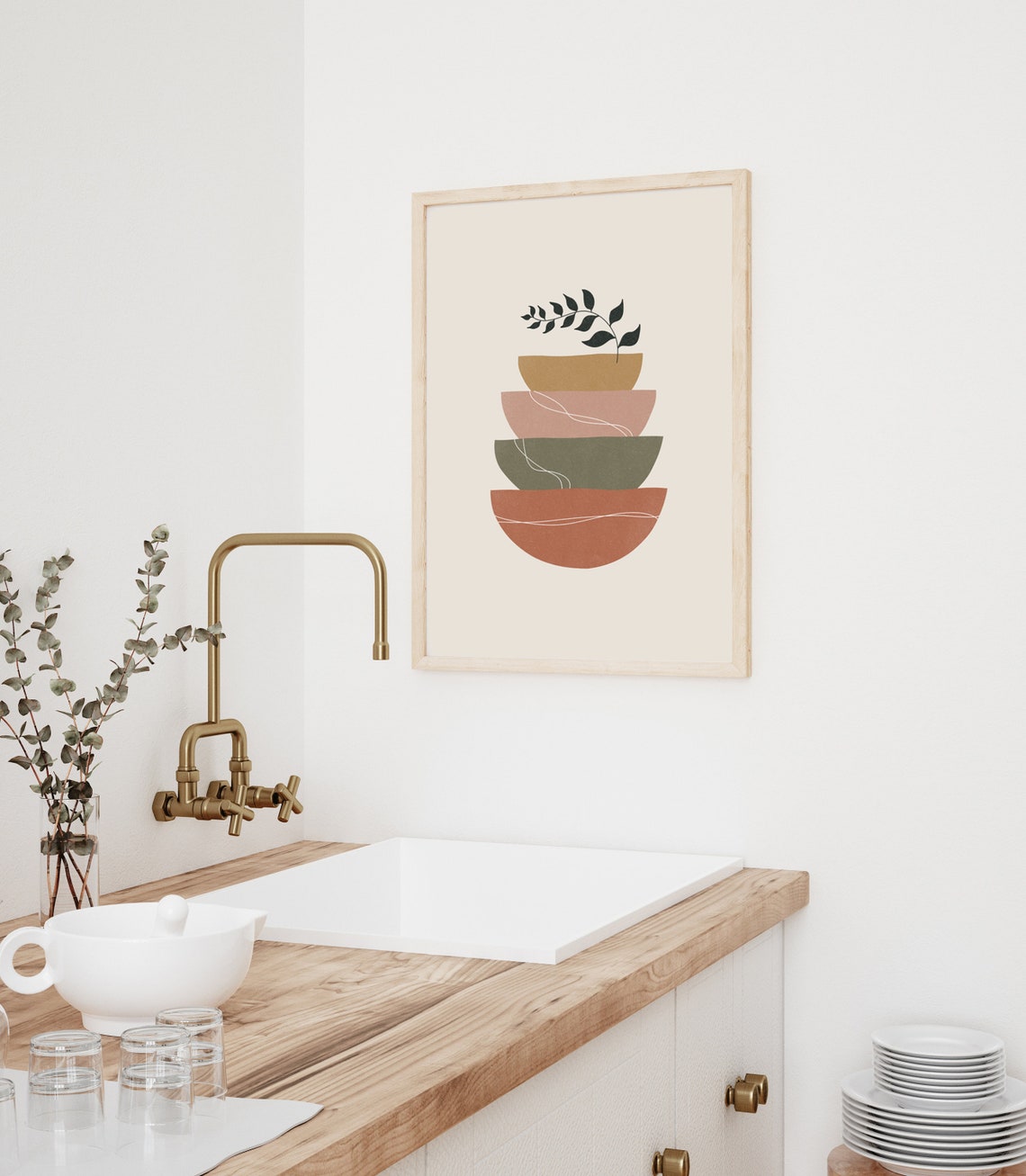 Abstract Stacked Bowls Botanical Earth Tones Minimalist Art Print - Image 2
