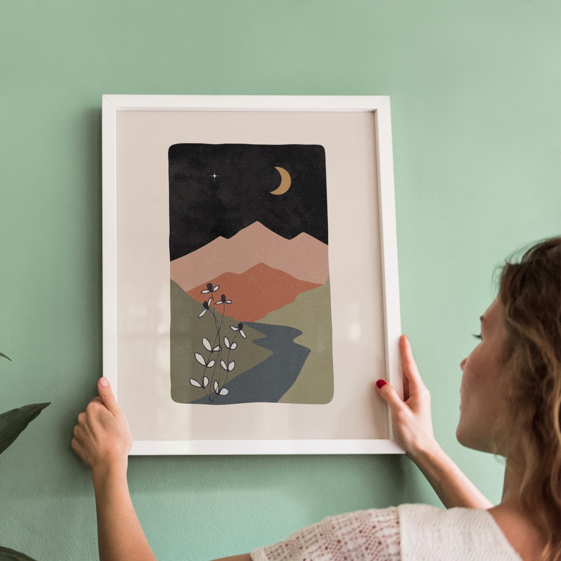 Midnight Moon Mountains Night Landscape Abstract Boho Art Print - Image 3
