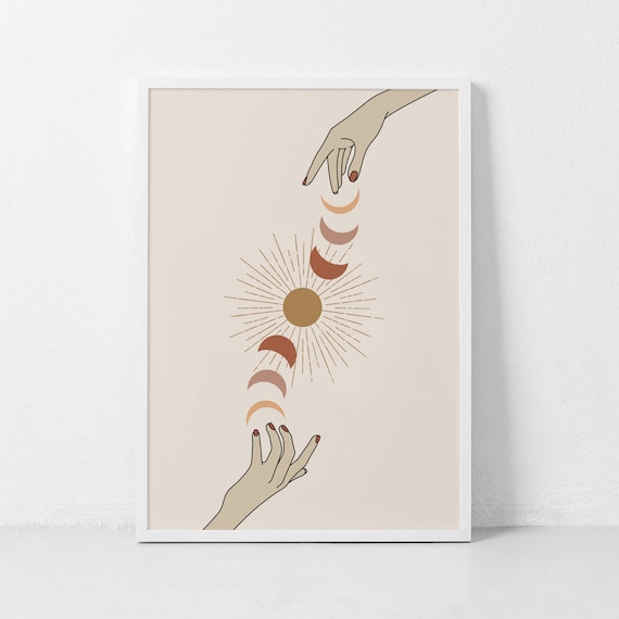Moon Phases Sun Hands Celestial Boho Minimalist Spiritual Poster