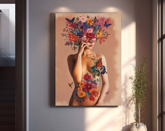 Floral Nude Woman Butterfly Surreal Romantic Portrait Art Poster