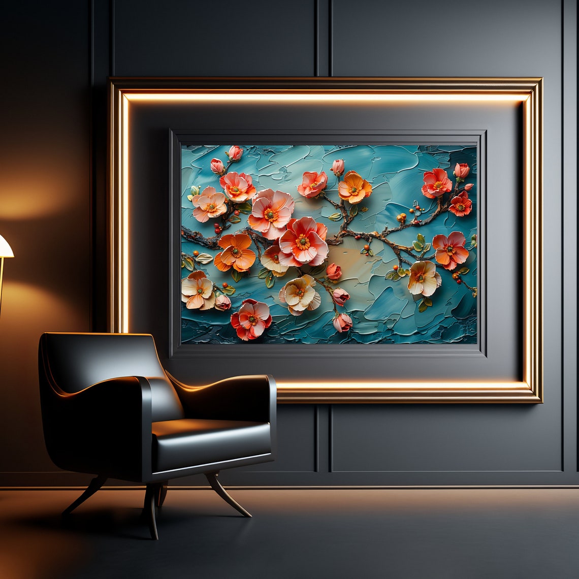 Coral Blossom Branch Textured Impasto Teal Background Art Poster - Image 3