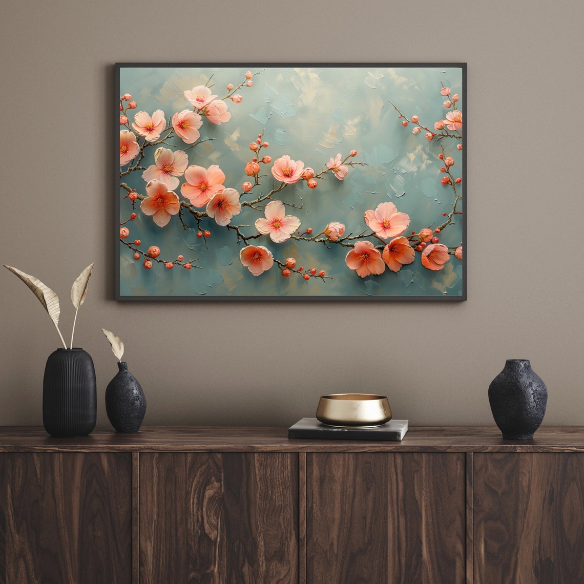Pink Cherry Blossom Branches Sage Green Floral Painting Poster - Image 2