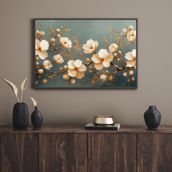 White Blossoms On Sage Green Branch Floral Wall Decor Poster