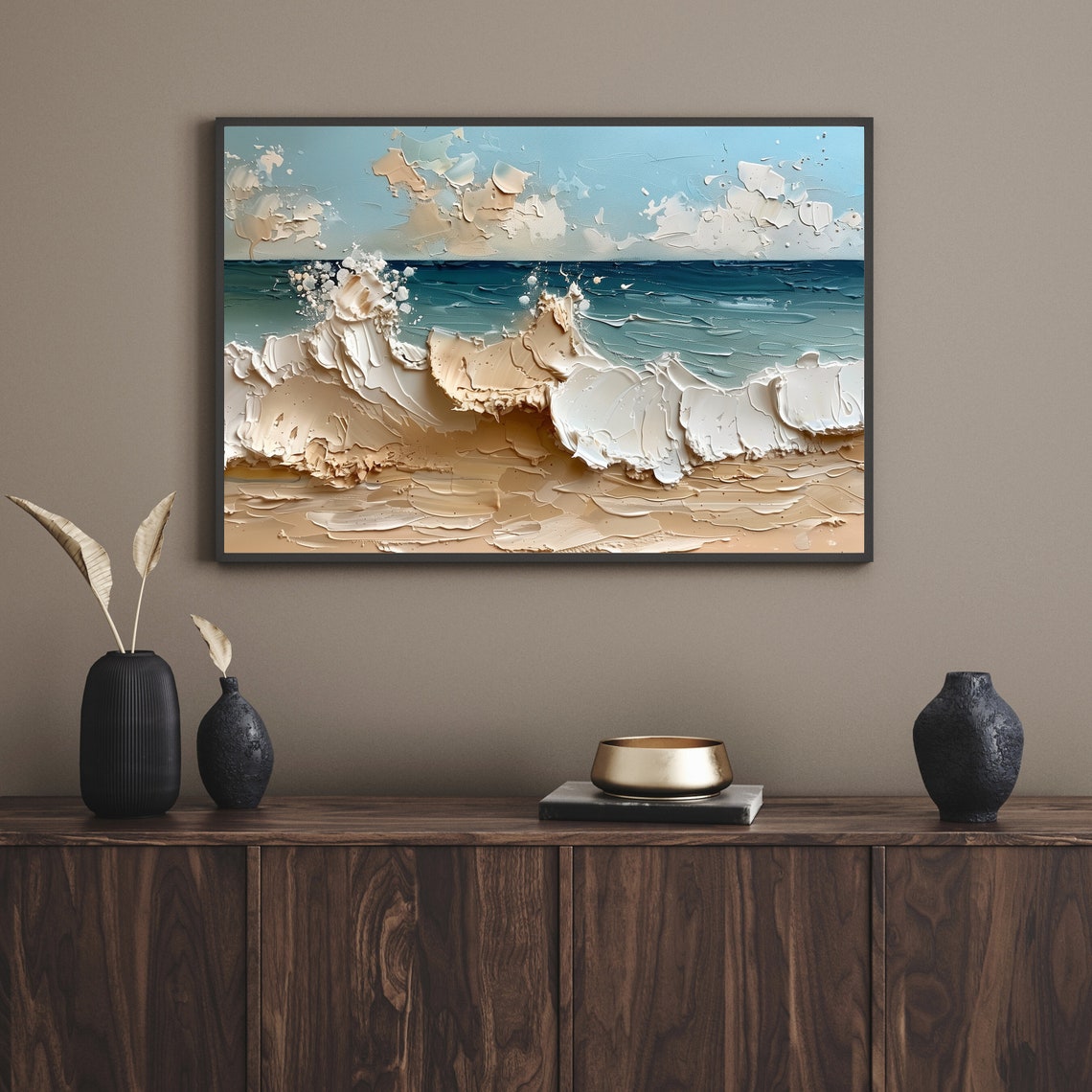 Foamy Beach Waves Crashing Textured Impasto Coastal Painting Poster - Image 2