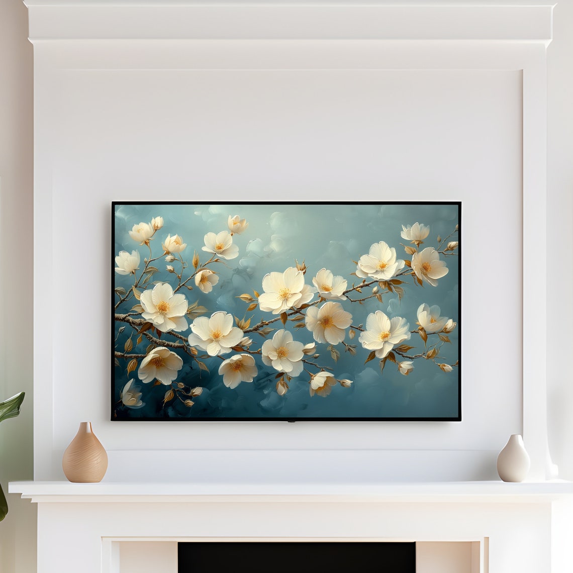 White Blossom Teal Textured Floral Branch Painting Art Print - Image 3