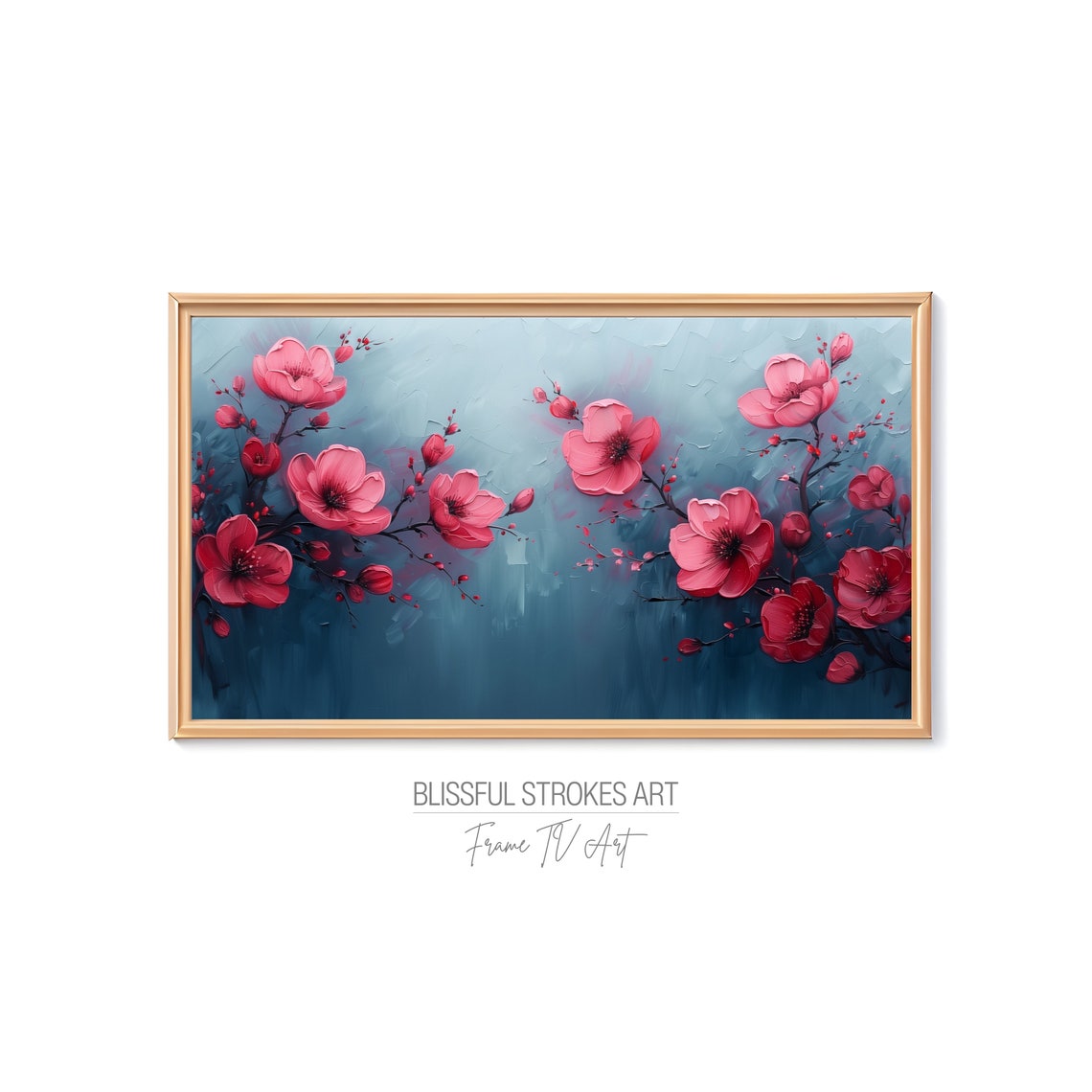 Pink Red Blossom Blue Textured Floral Branch Painting Art Print