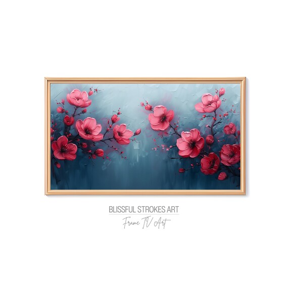 Pink Red Blossom Blue Textured Floral Branch Painting Art Print