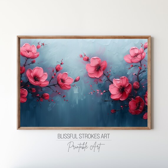 Magenta Cherry Blossoms Blue Grey Textured Floral Painting Poster