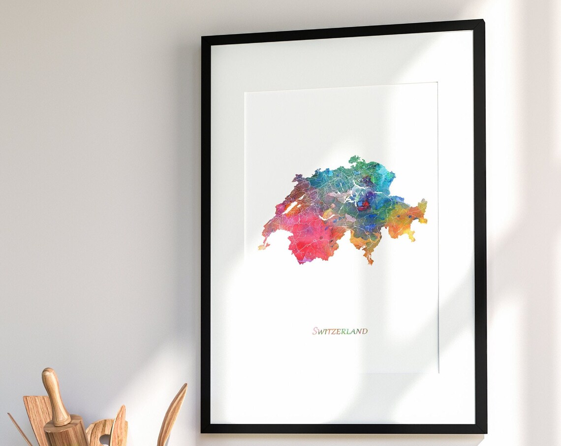 Switzerland Watercolor Map Poster Rainbow Colors Minimalist Travel Wall Decor