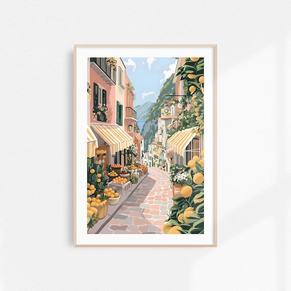 Amalfi Print Amalfi Village Painting Italy Watercolor Print Yellow Pink Amalfi Lemons Illustration Italy Wall Art Cute Amalfi Poster