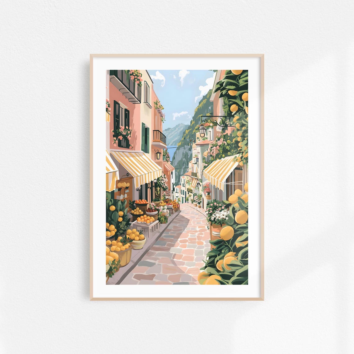 Amalfi Print Amalfi Village Painting Italy Watercolor Print Yellow Pink Amalfi Lemons Illustration Italy Wall Art Cute Amalfi Poster