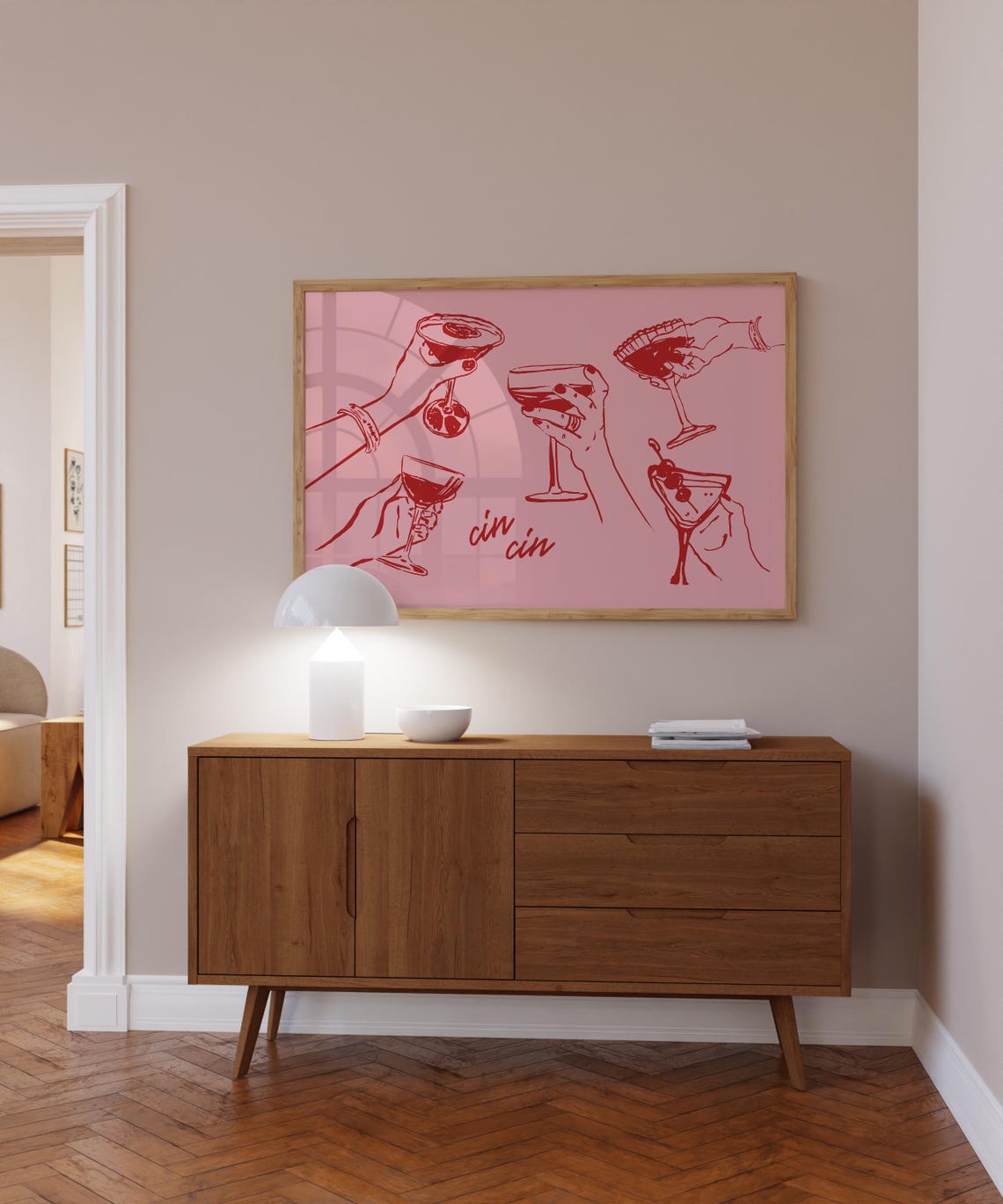 Cin Cin Pink Red Cocktail Hands Cheers Home Bar Decor Art Poster - Image 2