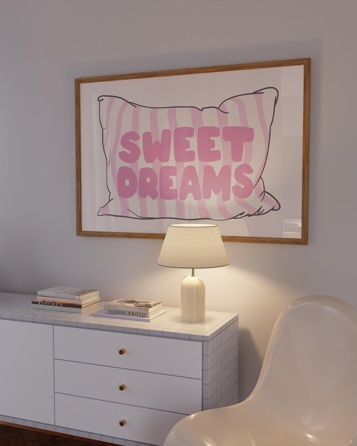 Sweet Dreams Pink Striped Pillow Little Girls Bedroom Quote Poster - Image 3