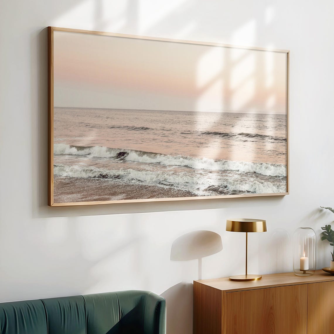 Blush Pink Sunset Ocean Waves Minimal Calm Coastal Decor Poster