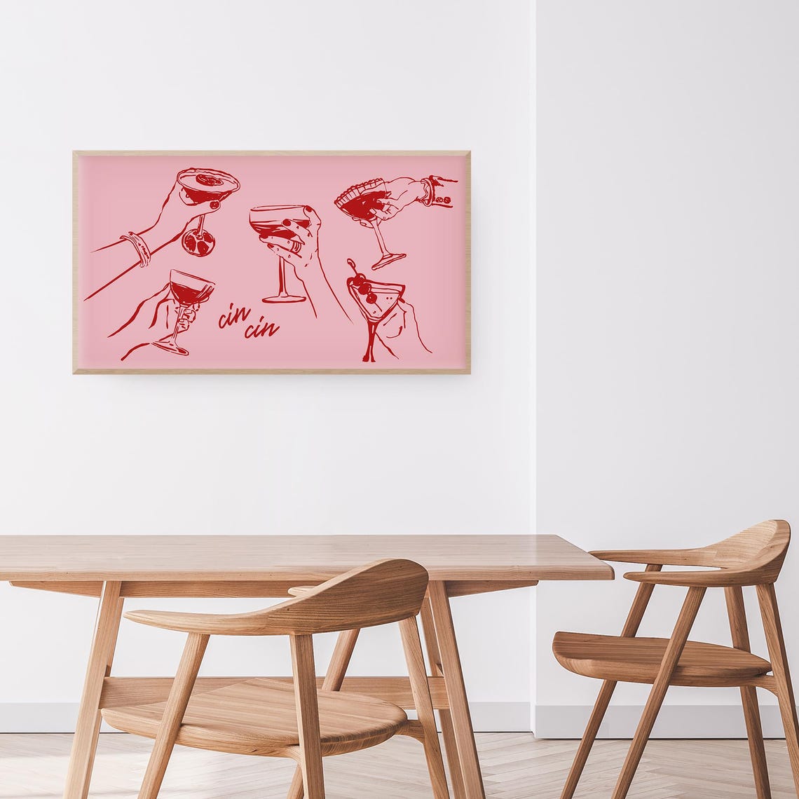 Cin Cin Cheers Pink Cocktail Toast Line Art Bar Cart Party Poster - Image 3
