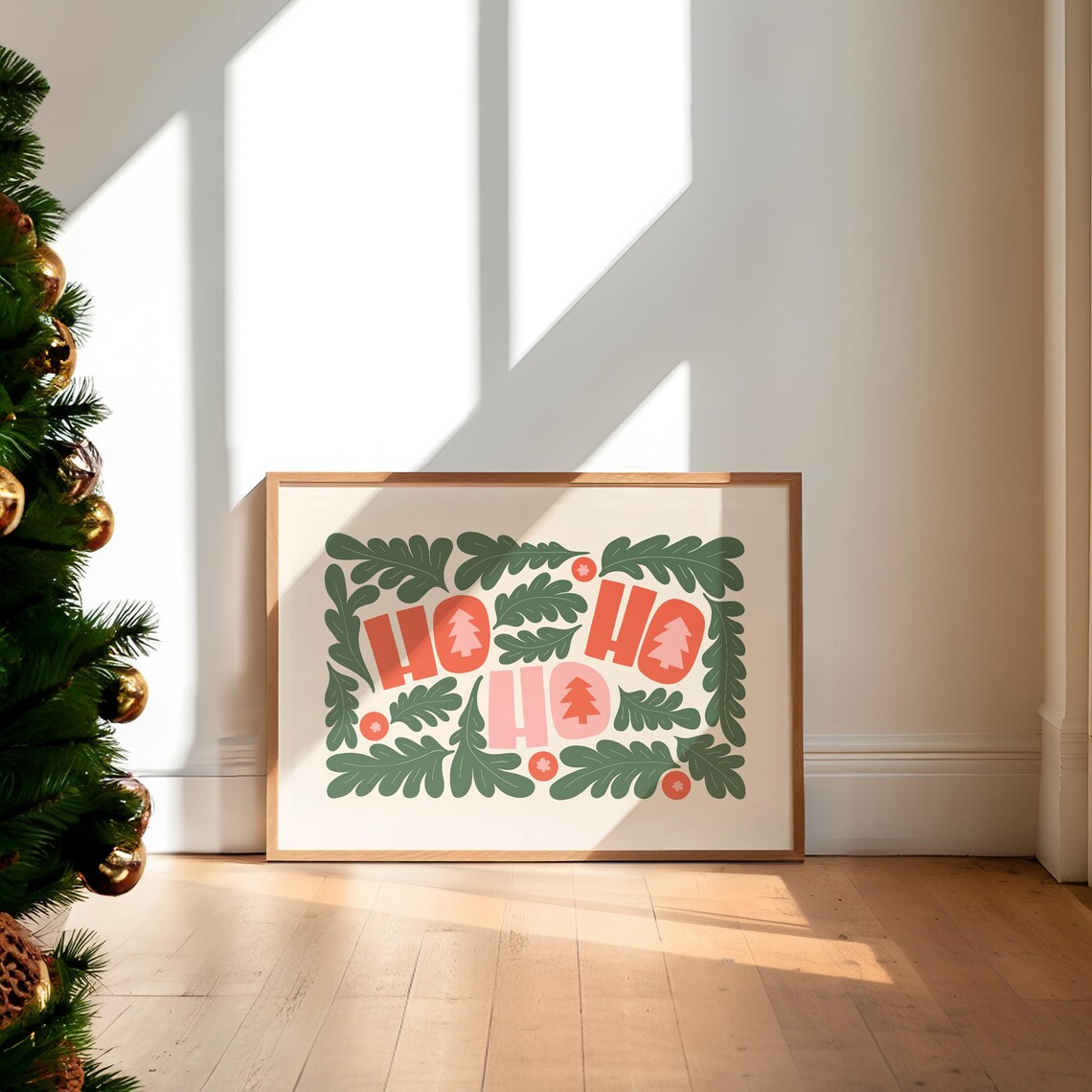 Ho Ho Ho Christmas Letter Art Green Leaves Red Retro Holiday Poster - Image 6