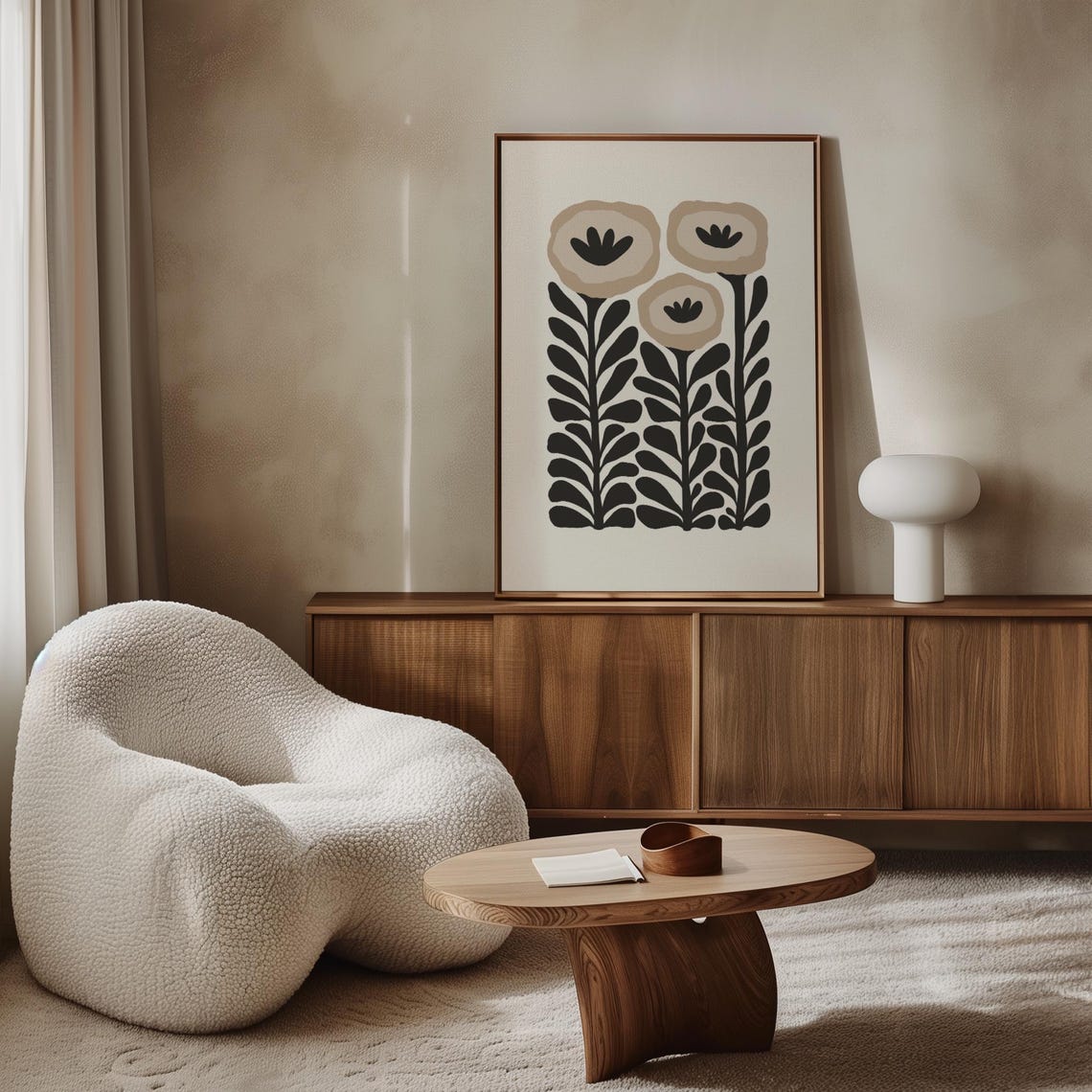 Black Beige Flower Abstract Botanical Minimal Mid Century Wall Art - Image 6