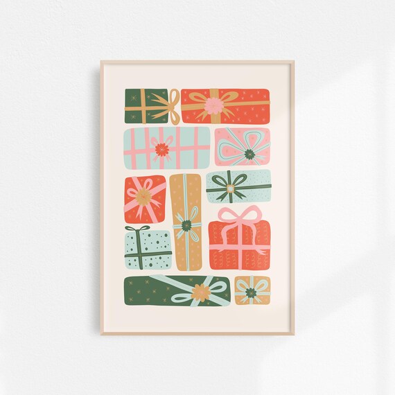 Retro Christmas Presents Art Festive Wall Art Cute Aesthetic Holiday Decor Green Pink Illustration Trendy Wall Art For Christmas