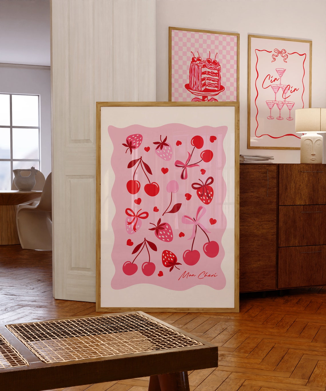 Mon Cheri Strawberry Cherry Bow Red Art Coquette Summer Poster - Image 2