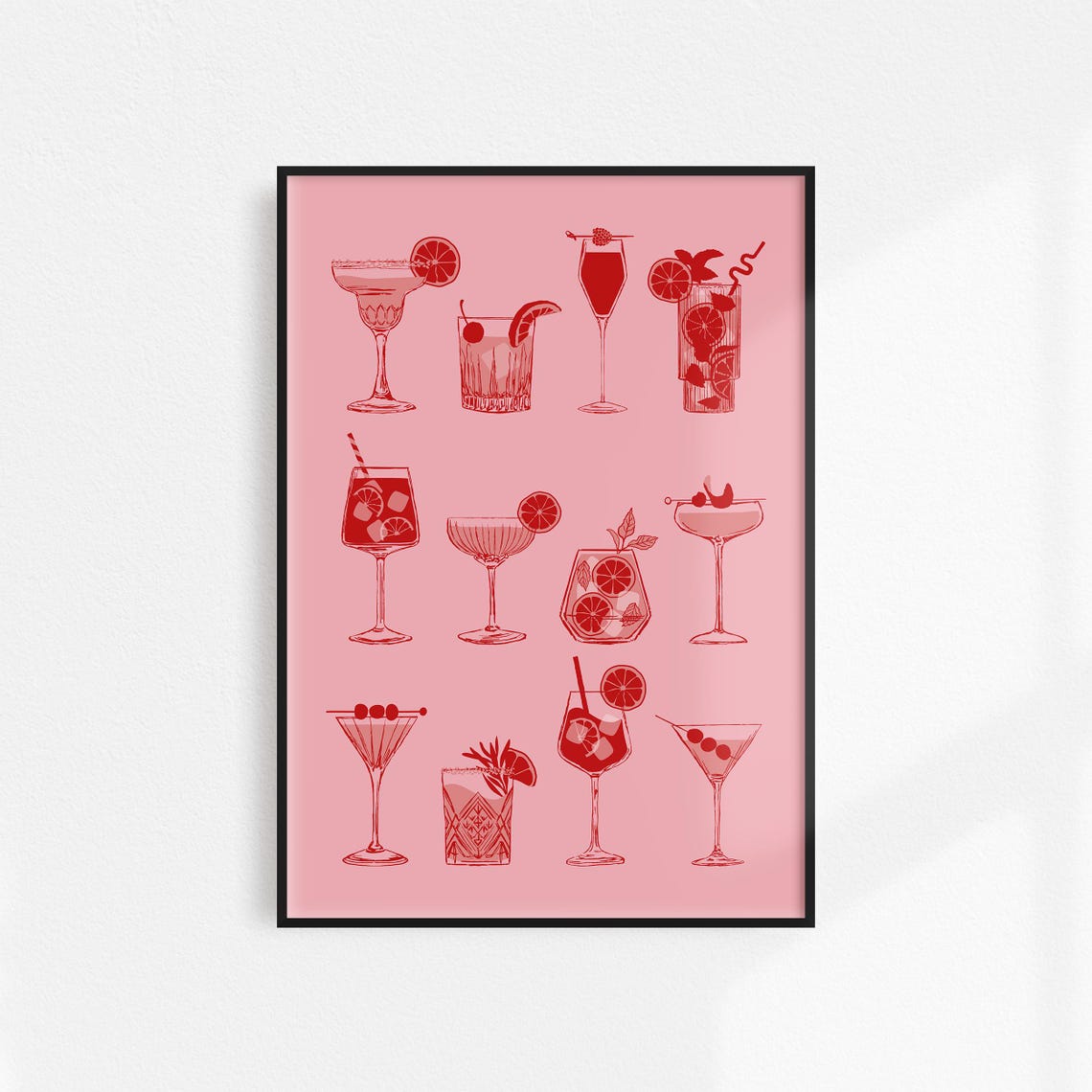 Twelve Retro Cocktail Illustrations on Blush Pink Bar Art Poster - Image 2