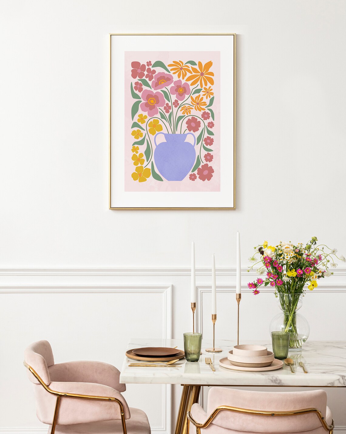 Purple Vase With Pink And Orange Flowers Modern Floral Art Poster - Image 2