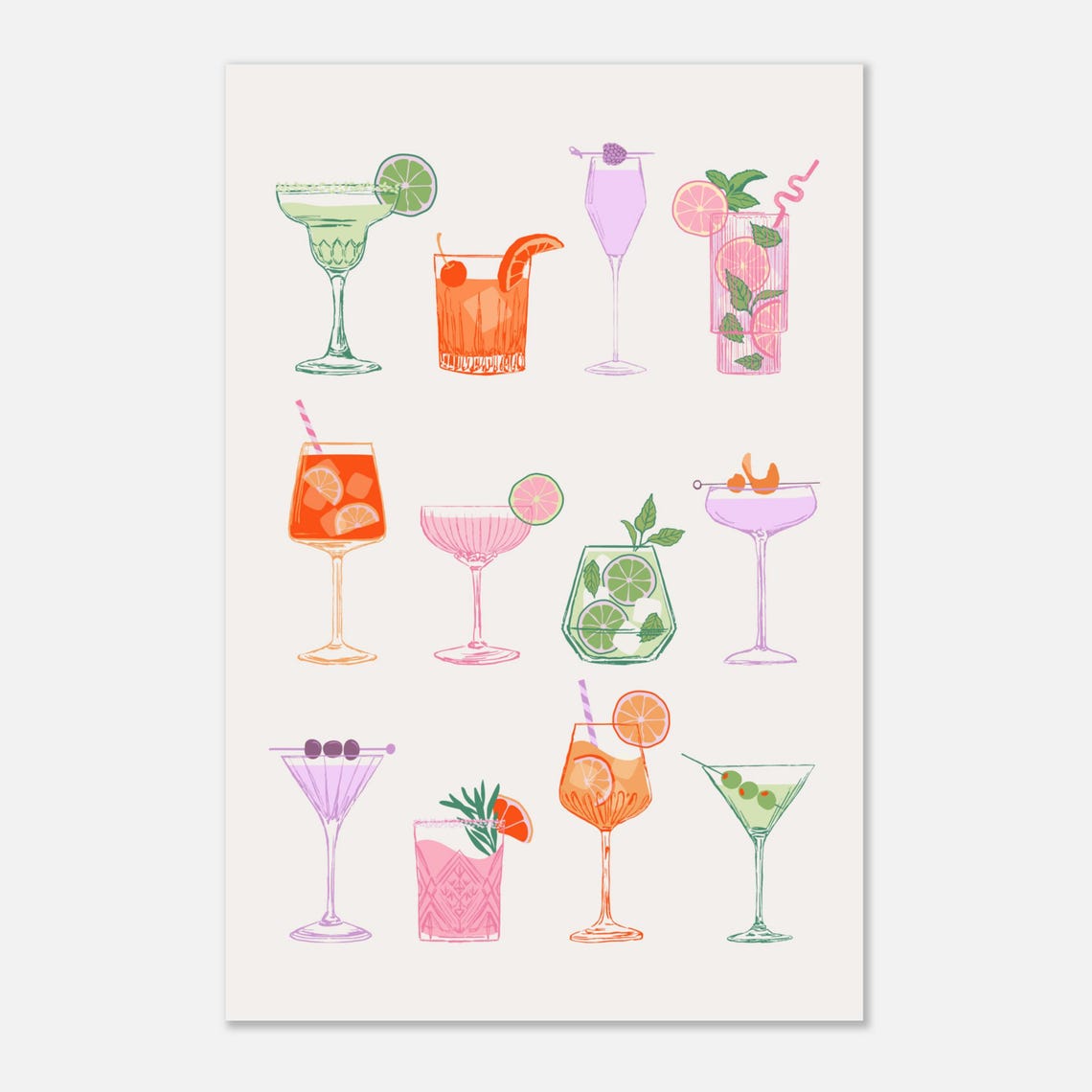 Colorful Cocktail Illustrations Grid Bar Cart Kitchen Decor Poster - Image 2