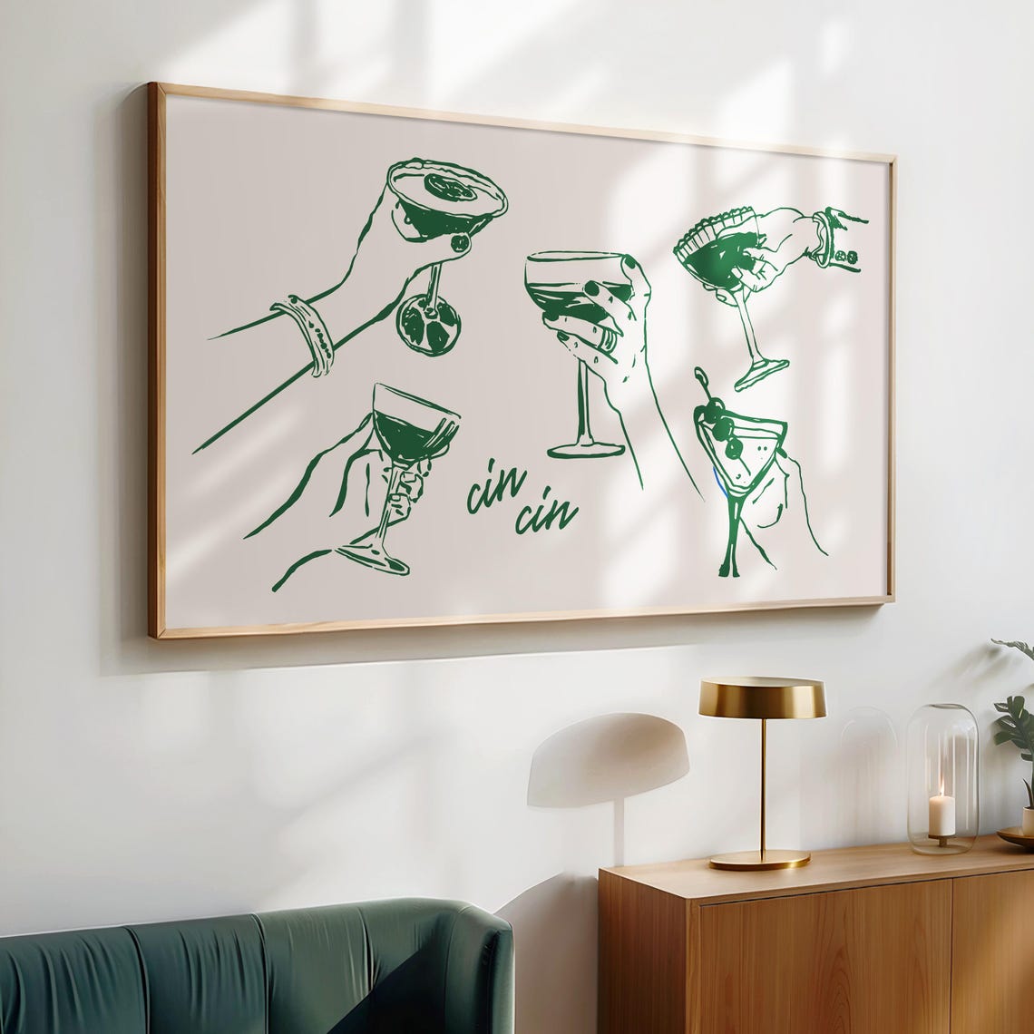 Green Line Art Cocktail Toast Cin Cin Bar Cart Cheers Decor Poster