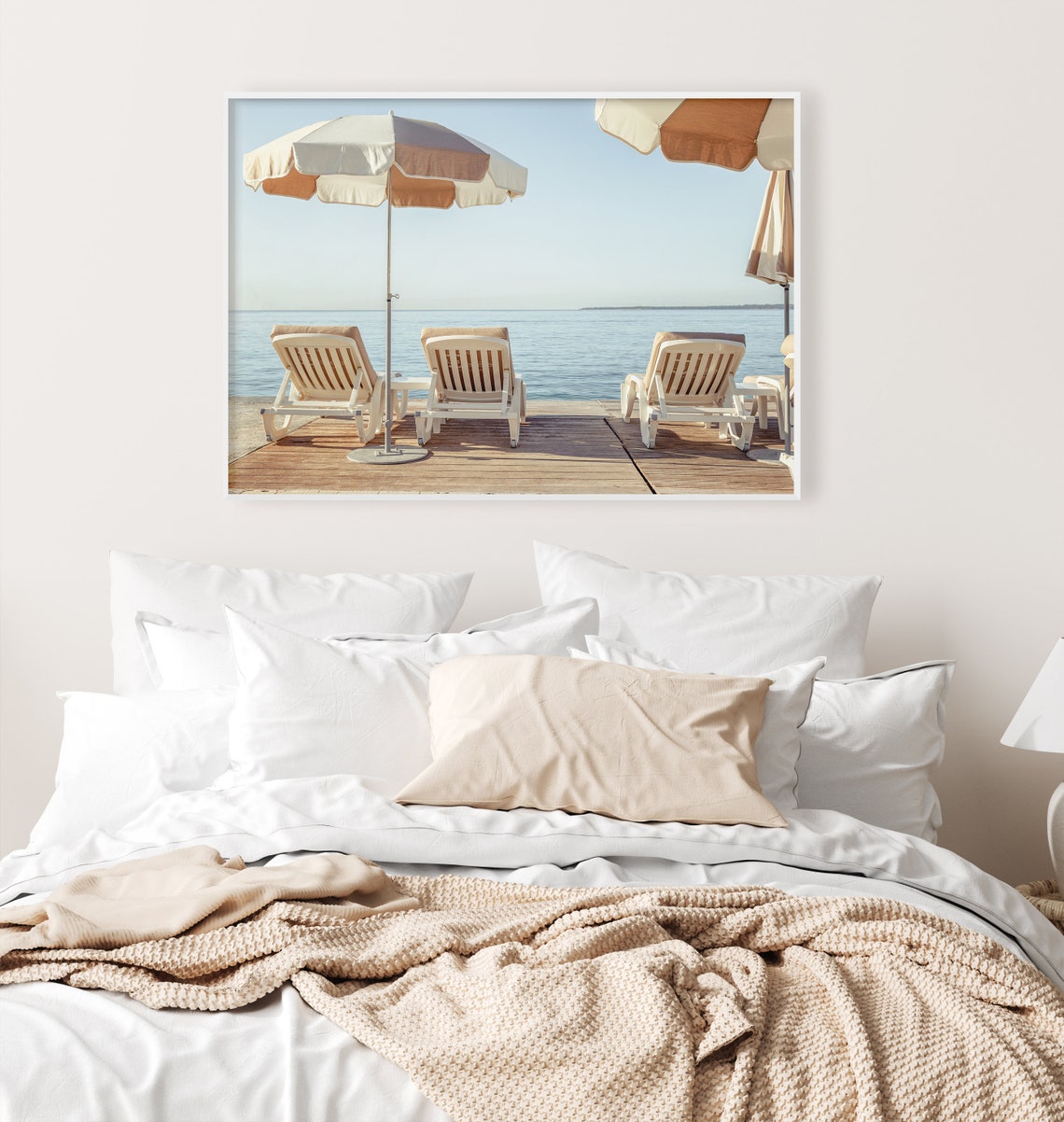 Italy Beach Sun Loungers Striped Umbrellas Wooden Deck Poster - Image 3