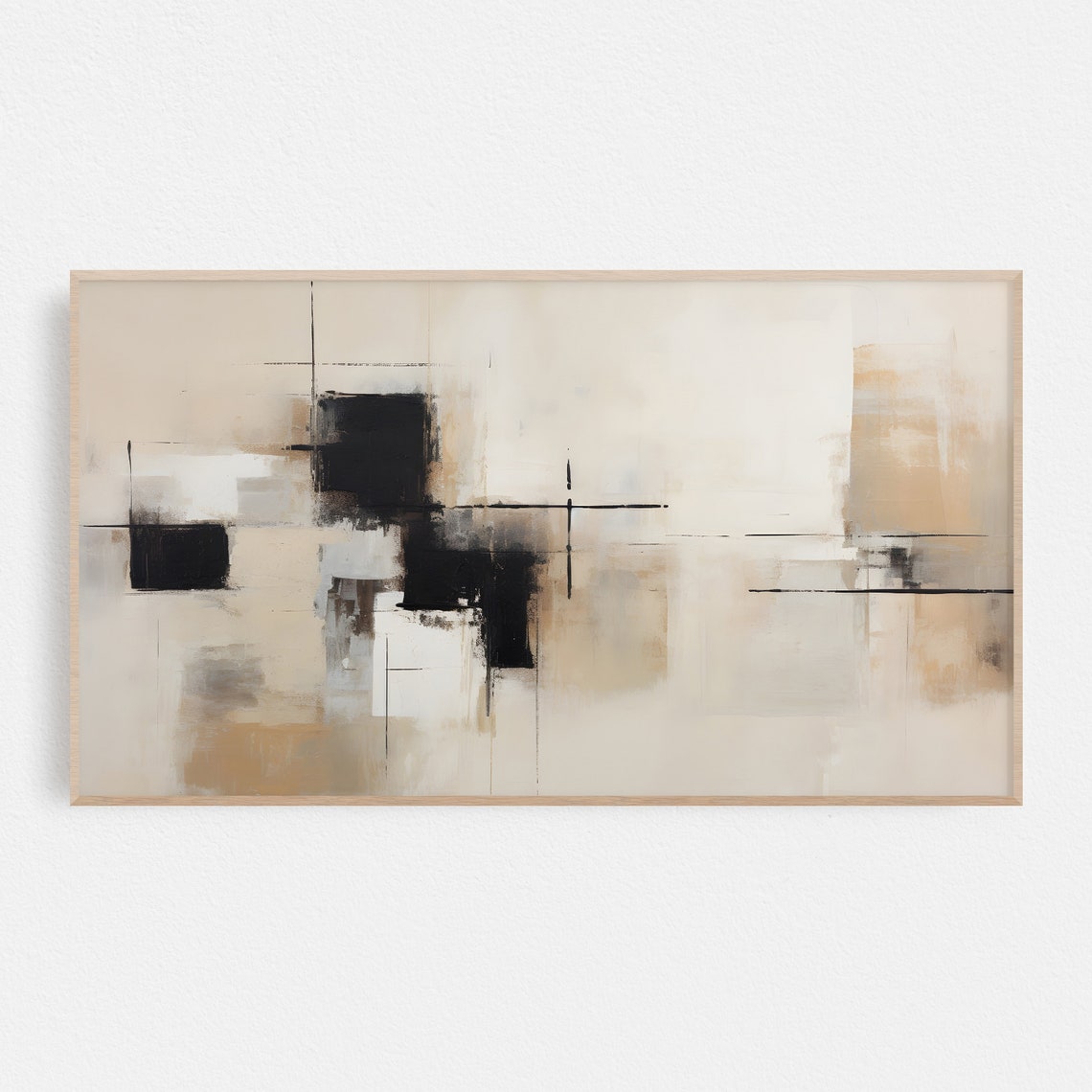 Mid Century Modern Beige Black Grid Squares Abstract Art Poster