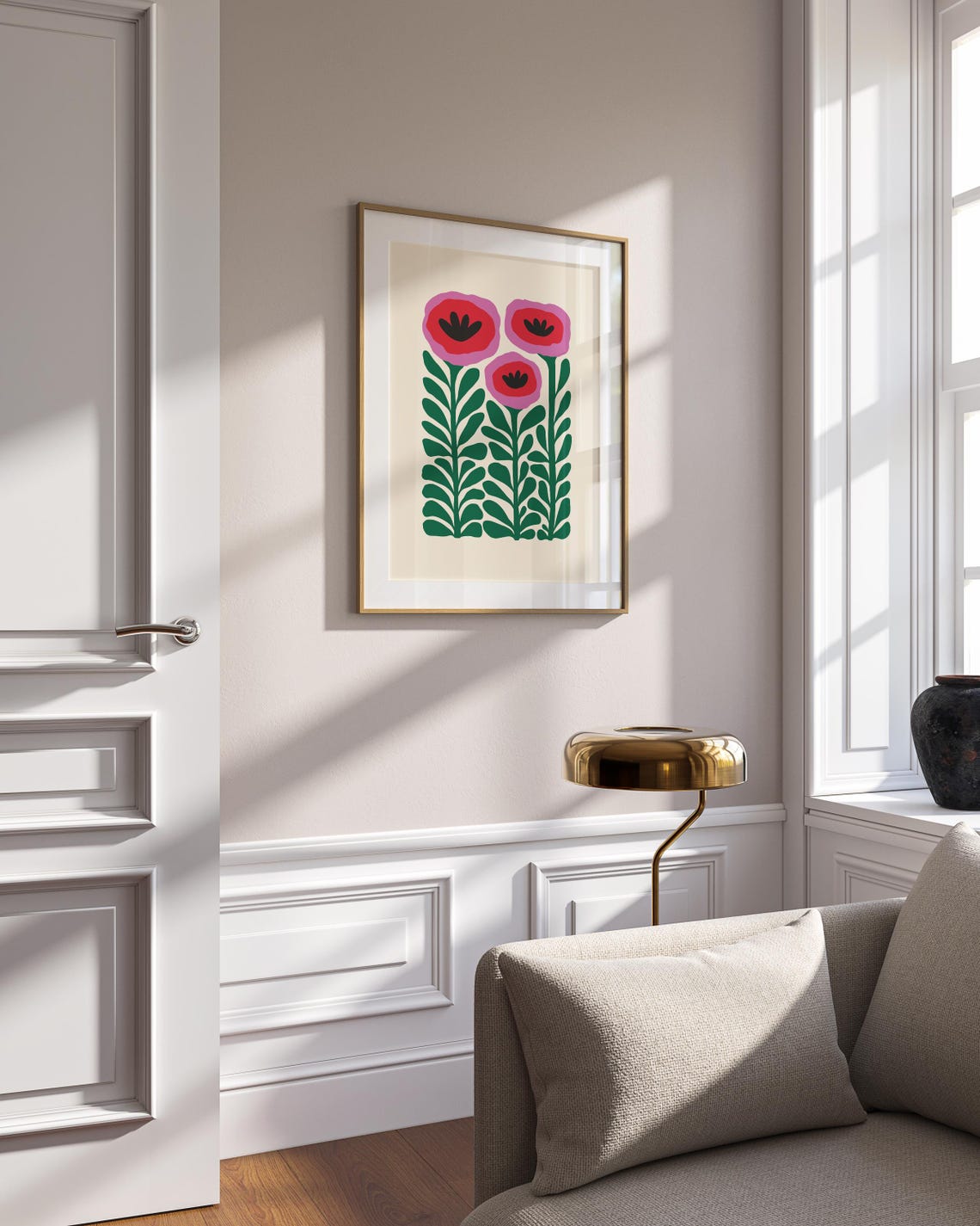 Bold Red Pink Flowers Green Stems Cream Mid Century Art Poster - Image 2