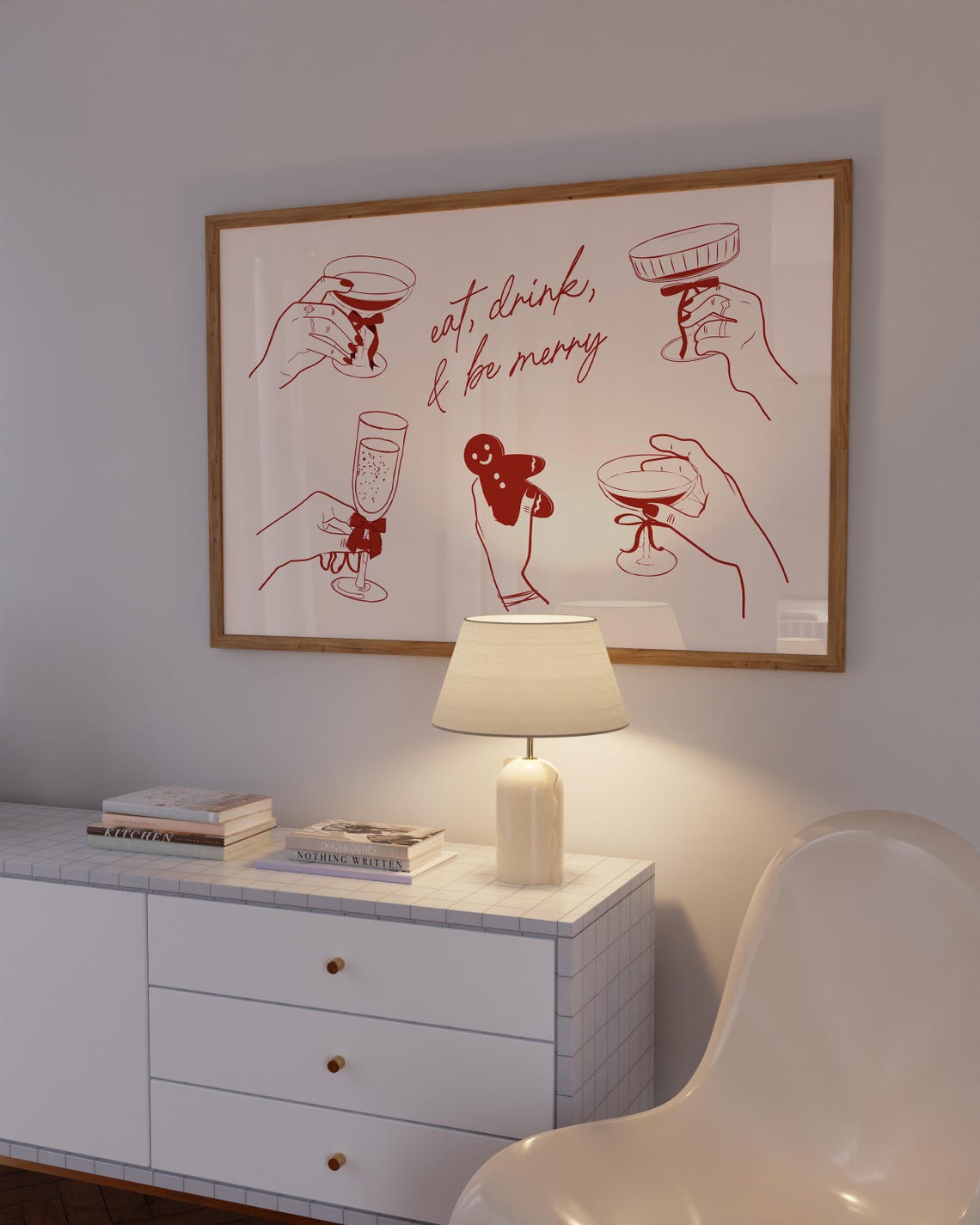 Eat Drink and Be Merry Christmas Cocktail Cheers Red Line Art Poster - Image 6